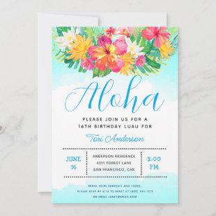 Aloha Script Tropical Birthday Luau Blue Invitation
