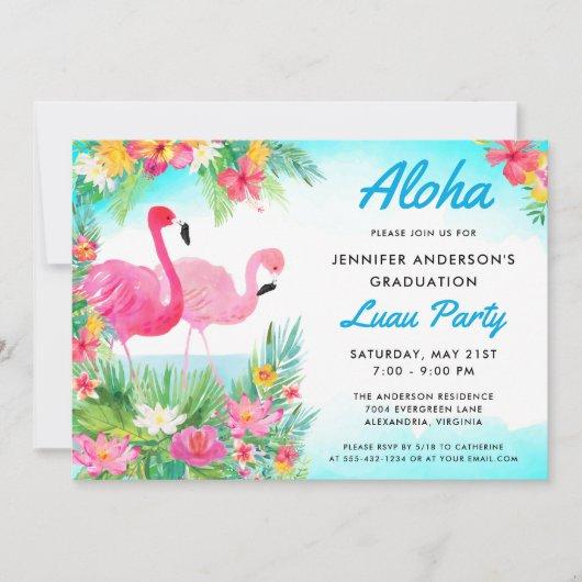 Aloha Tropical Flamingo Graduation Luau Party Blue Invitation