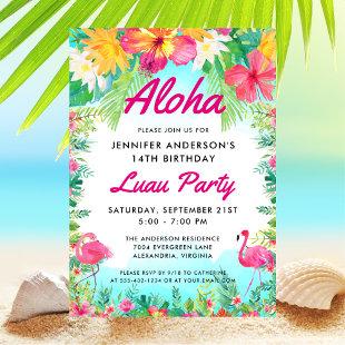 Aloha Tropical Flamingo Luau Party Birthday Invitation