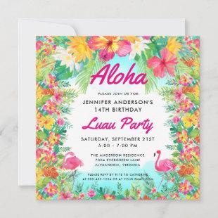 Aloha Tropical Flamingo Luau Party Square Birthday Invitation