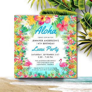 Aloha Tropical Flamingo Luau Party Square Birthday Invitation