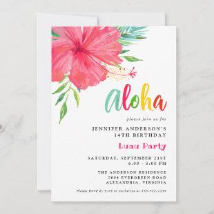 Aloha Tropical Luau Pink Hibiscus Birthday Party  Invitation