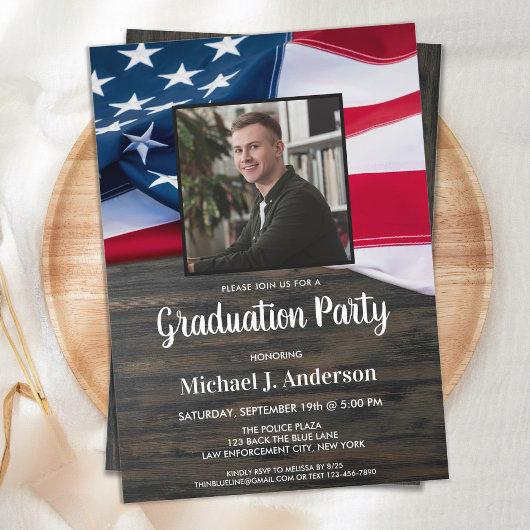 American Flag Police Officer Photo Graduation Invi Invitation