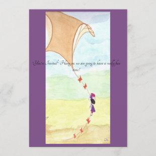 An invitation with a girl flying up with her kite.