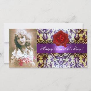 ANTIQUE PURPLE DAMASK RED WAX SEAL Monogram Holiday Card
