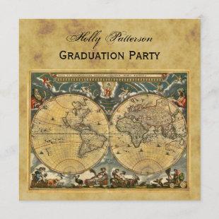 Antique World Map, Distressed BG SQ Graduation Invitation