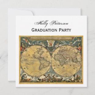 Antique World Map, White BG SQ Graduation Invitation