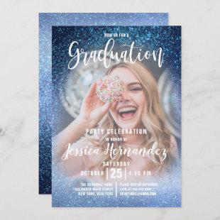 Aqua Baby Blue Triple Glitter Photo Graduation Invitation