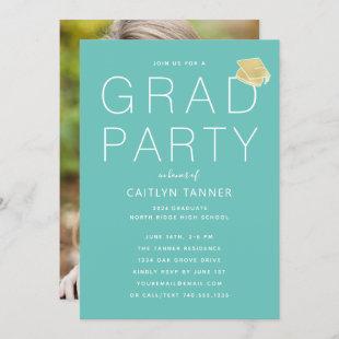 Aqua Blue-Green Modern Photo Graduation Party Invitation