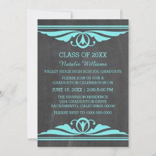 Aqua Deco Chalkboard Graduation Invite