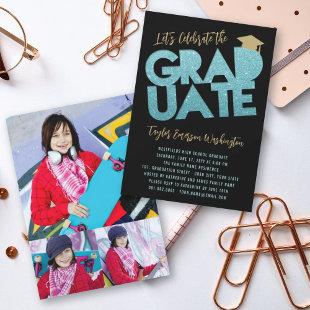 Aqua Glitter Graduate Cutout Graduation Party Invitation