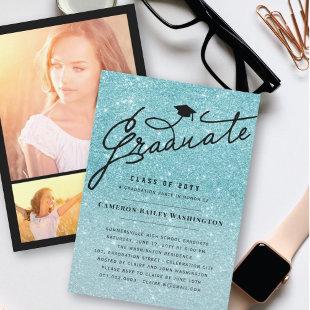 Aqua Glitter Stylish Graduate Graduation Party Invitation