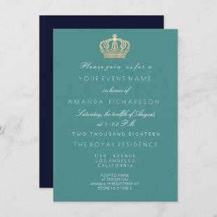 Aqua Navy Golden Crown Royal Glitter 16th Bridal Invitation