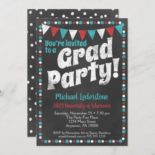 Aqua Red Chalkboard Graduation Party Invitation