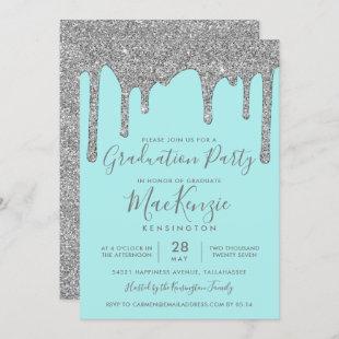 Aqua Teal Silver Glitter Drips Graduation Party Invitation