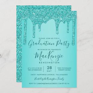 Aqua Teal Sparkle Glitter Drips Graduation Party Invitation
