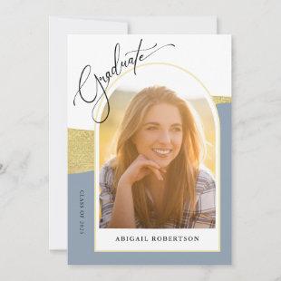 Arched Photos Dusty Blue & Gold Graduation Party Invitation