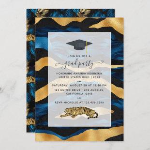 Art Deco Tropical Blue and Gold Tiger Graduation Invitation