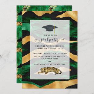 Art Deco Tropical Green and Gold Tiger Graduation Invitation