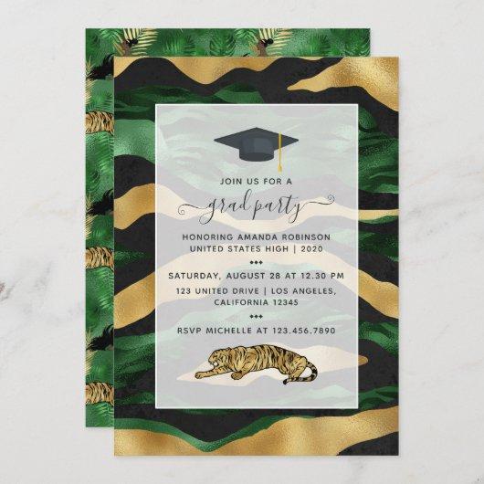 Art Deco Tropical Green and Gold Tiger Graduation Invitation
