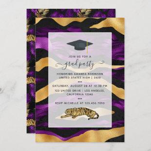 Art Deco Tropical Purple and Gold Tiger Graduation Invitation