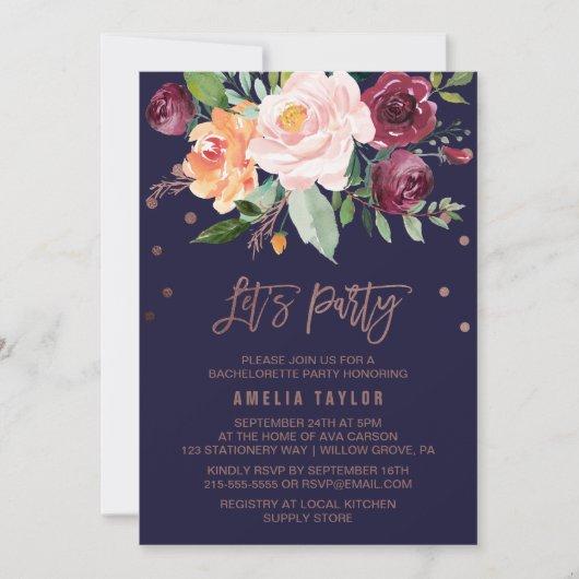 Autumn Floral Rose Gold Wreath Backing Let's Party Invitation