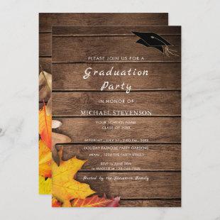 Autumn Leaves On Wood Graduation Party Invitation