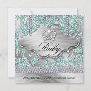Baby Boy Party Invite Blue Crown Jewelry Leaves