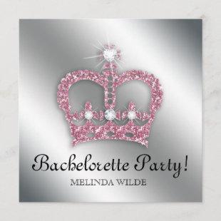 Bachelorette Party Pink Princess Crown Tiara Silve Invitation
