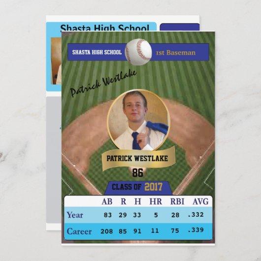 Baseball Card W/ Stats Grad Invitations - blue
