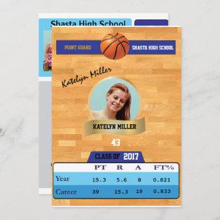 Basketball Card W/ Stats Grad Invitations - blue