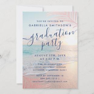 Beach Graduation Party Tropical Pink Palm Leaf Invitation