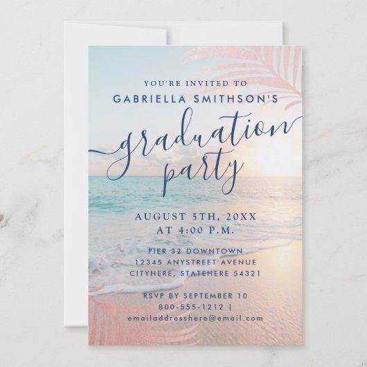 Beach Graduation Party Tropical Pink Palm Leaf Invitation