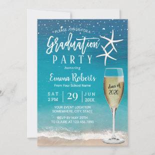 Beach Starfish & Champagne Glass Graduation Invitation