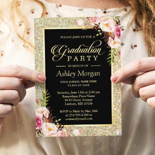Beautiful Floral Gold Sparkles Graduation Party Invitation