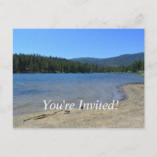 beautiful lake, blue sky, trees graduation party invitation postcard