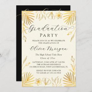 Beige Golden Floral Script Graduation Party Photo Invitation