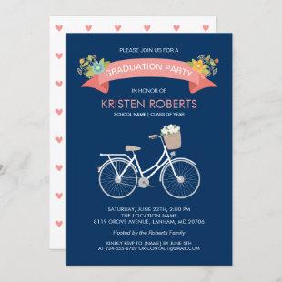 Bicycle Floral Navy Blue Girly Graduation Party Invitation