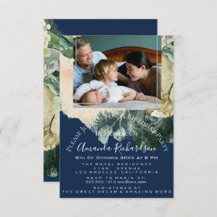Birthday Party Photo  Floral Blue Green Framed Invitation