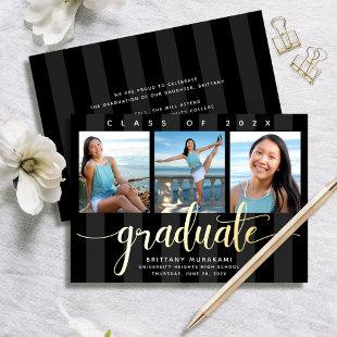 Black 3 photo graduation modern script real gold foil invitation
