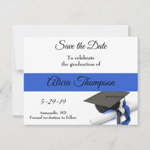 Black and Blue Graduation Cap and Tassel Save The Date