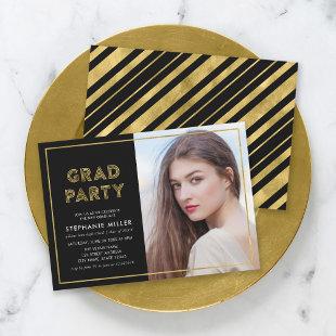 Black and Faux Gold Geometric Photo Grad Party Invitation
