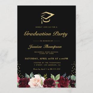 Black and gold burgundy floral graduation party invitation