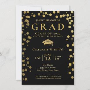 Black and Gold Confetti Photo Graduation Party  Invitation