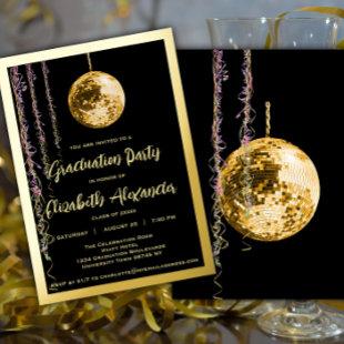 Black and Gold Disco Ball Seventies Graduation Foil Invitation