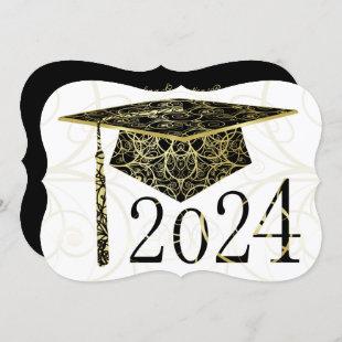 Black and Gold Floral Cap 2024 Graduation Party Invitation