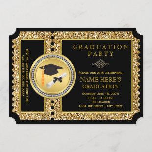 Black and Gold Glitter Graduation Invitation