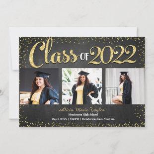Black and Gold Glitter Photo Graduation  Invitatio Invitation
