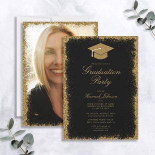 Black and Gold Glitter Photo Graduation Party Invitation
