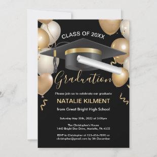 Black and Gold Graduate Cap Graduation Party Invitation